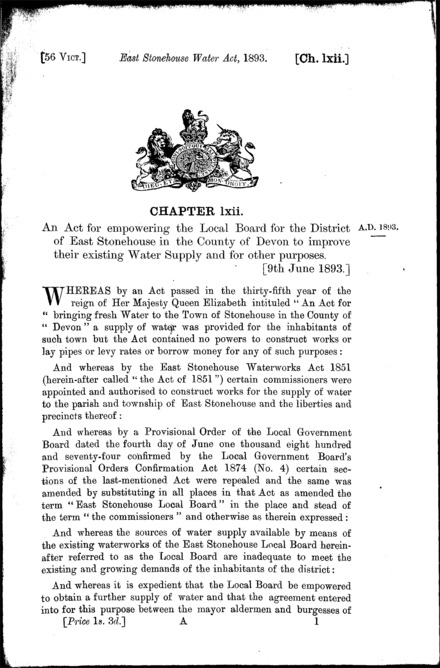 East Stonehouse Water Act 1893