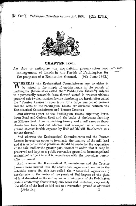 Paddington Recreation Ground Act 1893
