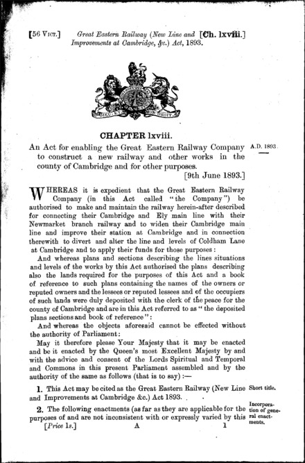 Great Eastern Railway (New Line and Improvements at Cambridge, &c.) Act 1893