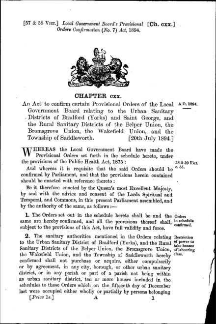Local Government Board's Provisional Orders Confirmation (No. 7) Act 1894