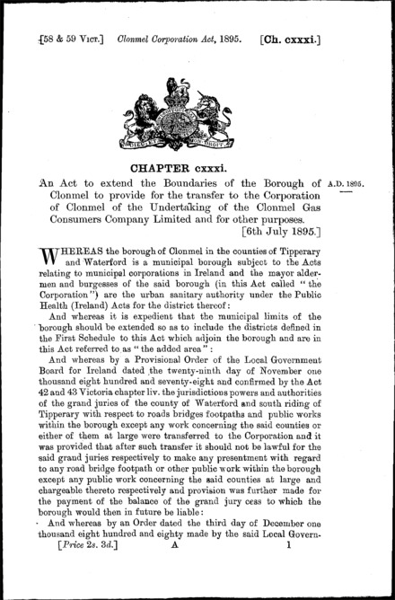 Clonmel Corporation Act 1895