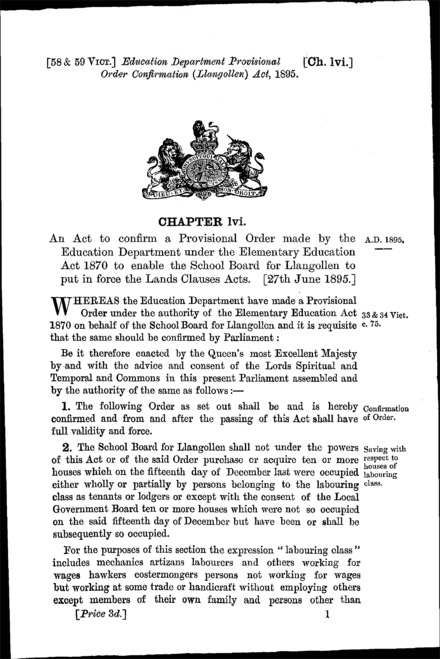 Education Department Provisional Order Confirmation (Llangollen) Act 1895