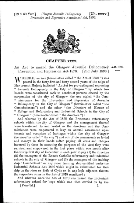Glasgow Juvenile Delinquency Prevention and Repression Amendment Act 1896