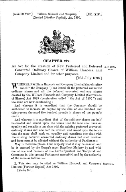 William Hancock and Company (Further Capital) Act 1896