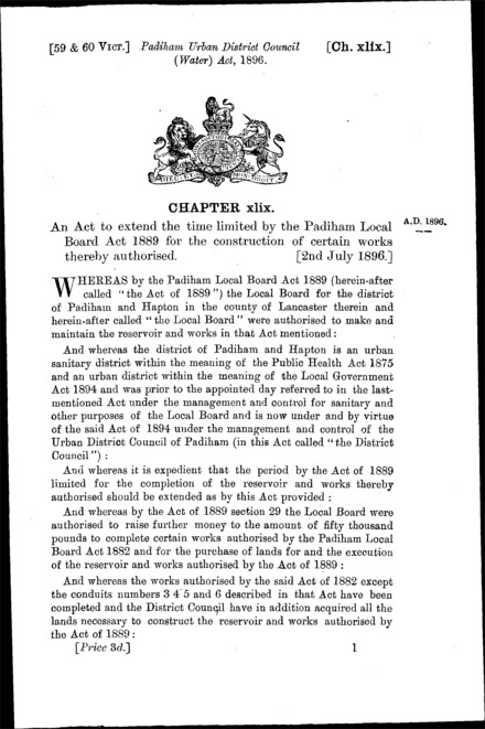 Padiham Urban District Council (Water) Act 1896