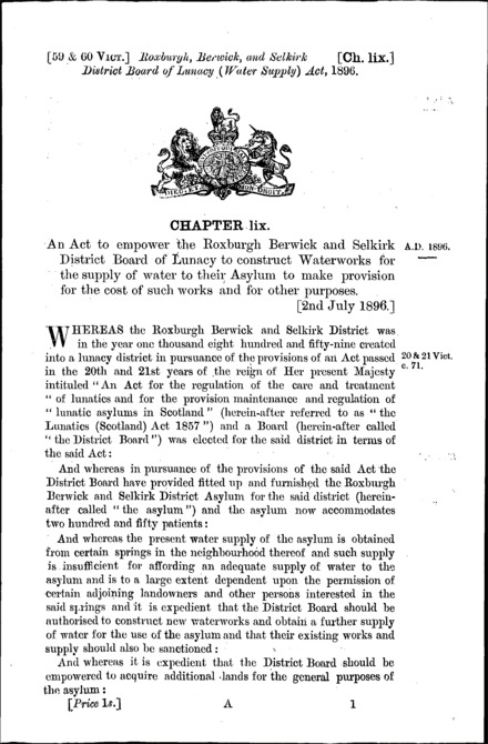 Roxburgh, Berwick and Selkirk District Board of Lunacy (Water Supply) Act 1896