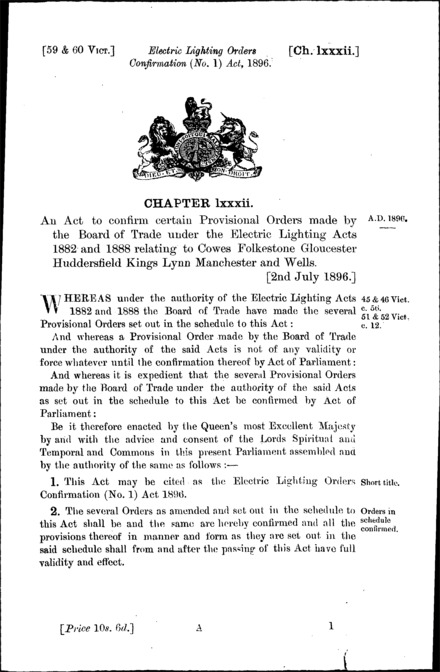 Electric Lighting Orders Confirmation (No. 1) Act 1896