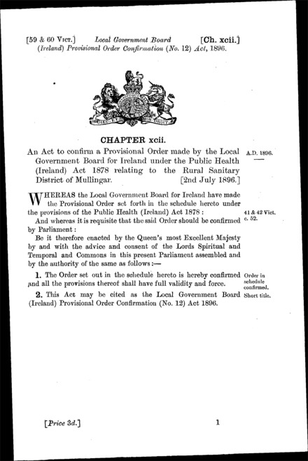 Local Government Board (Ireland) Provisional Order Confirmation (No. 12) Act 1896