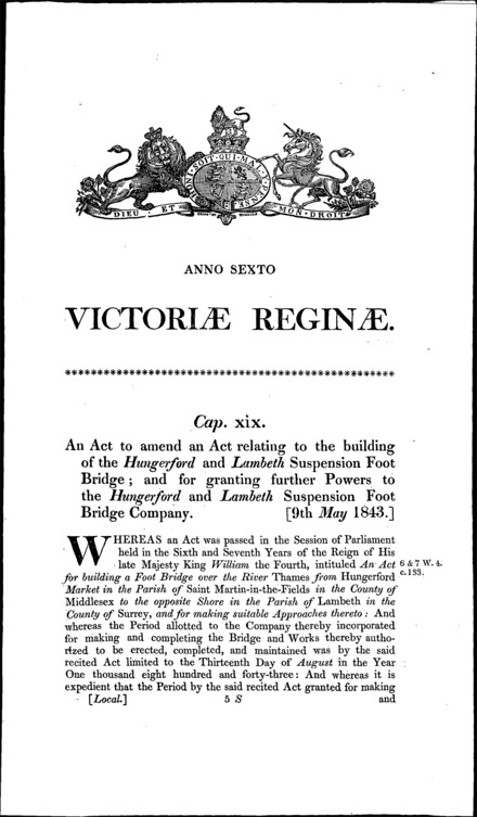 Hungerford and Lambeth Suspension Foot Bridge Company Act 1843