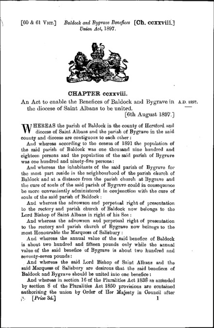 Baldock and Bygrave Benefices Union Act 1897