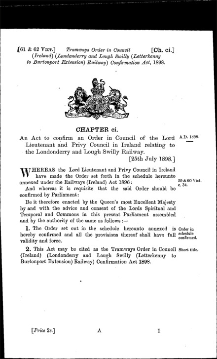 Tramways Order in Council (Ireland) (Londonderry and Lough Swilly (Letterkenny to Burtonport Extension) Railway) Confirmation Act 1898