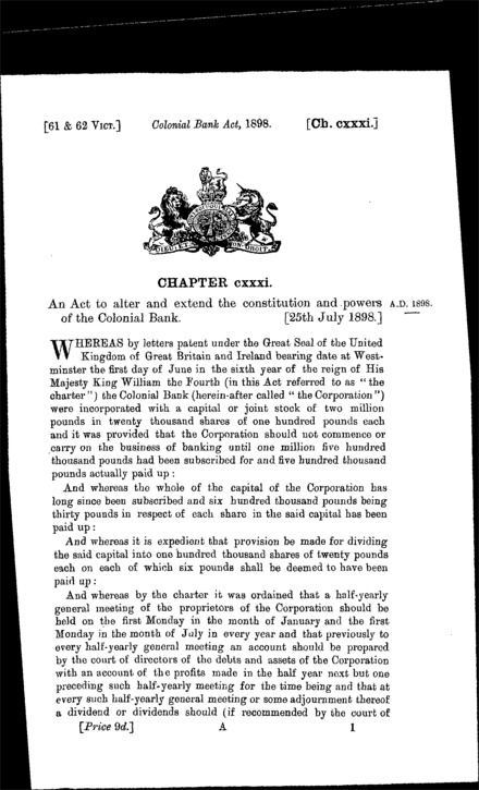 Colonial Bank Act 1898