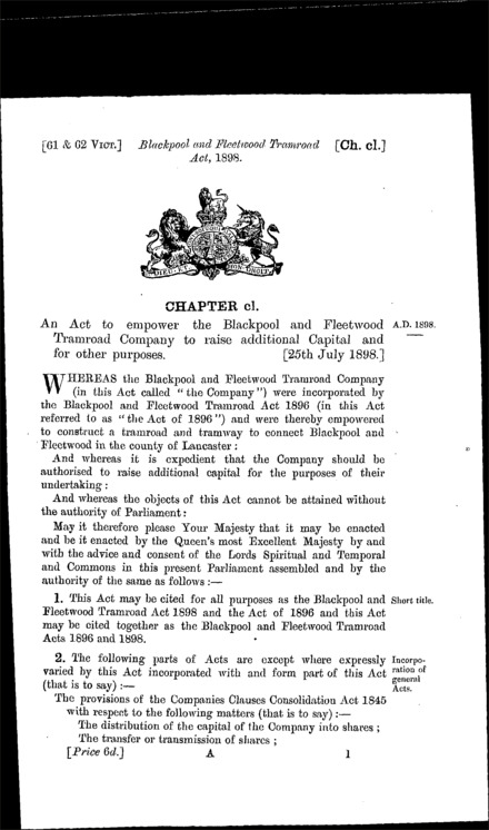 Blackpool and Fleetwood Tramroad Act 1898