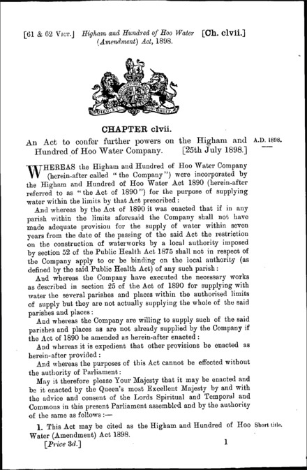 Higham and Hundred of Hoo Water (Amendment) Act 1898