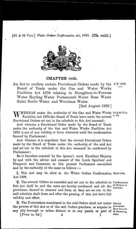 Water Orders Confirmation Act 1898