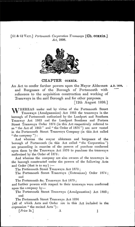 Portsmouth Corporation Tramways Act 1898