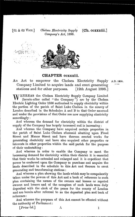 Chelsea Electricity Supply Act 1898