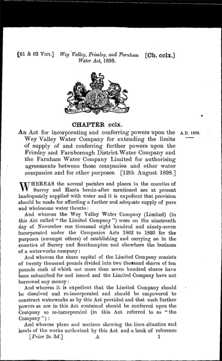 Wey Valley, Frimley and Farnham Water Act 1898