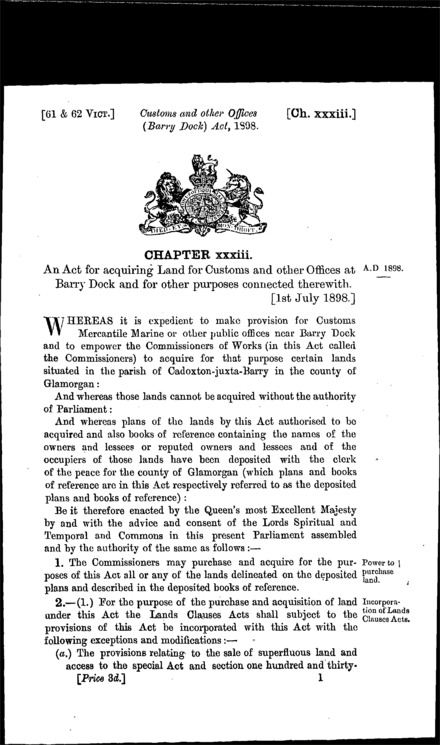 Customs and other Offices (Barry Dock) Act 1898