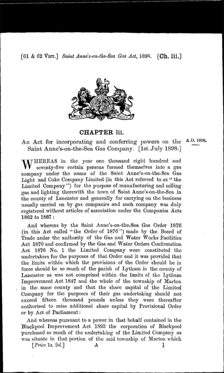 St. Anne's-on-Sea Gas Act 1898