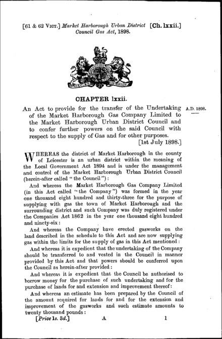 Market Harborough Urban District Council Gas Act 1898