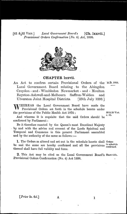 Local Government Board's Provisional Orders Confirmation (No. 4) Act 1898