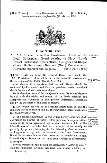 Local Government Board's Provisional Orders Confirmation (No. 6) Act 1898
