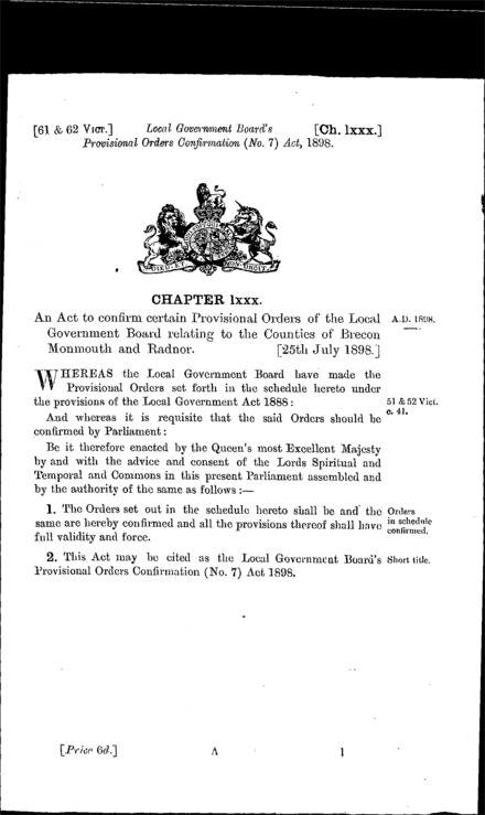 Local Government Board's Provisional Orders Confirmation (No. 7) Act 1898