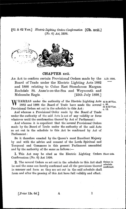 Electric Lighting Orders Confirmation (No. 6) Act 1898