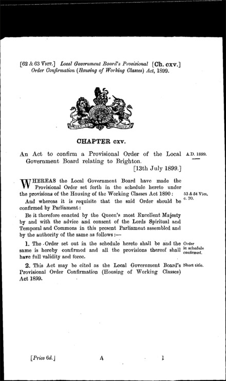 Local Government Board's Provisional Order Confirmation (Housing of Working Classes) Act 1899