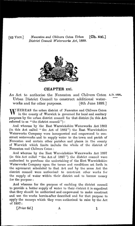 Nuneaton and Chilvers Coton Urban District Council Waterworks Act 1899