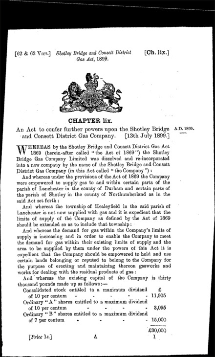Shotley Bridge and Consett District Gas Act 1899