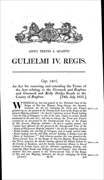Greenock and Renfrew, and Greenock and Kelly Bridge Roads Act 1833