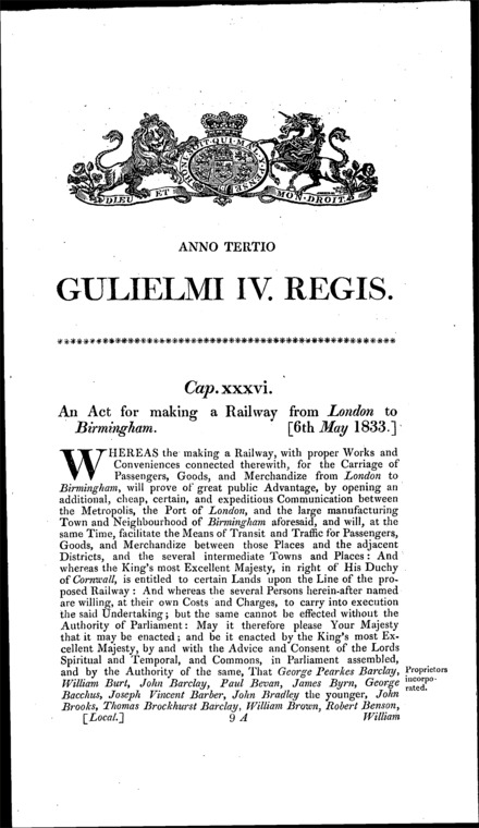 London and Birmingham Railway Act 1833