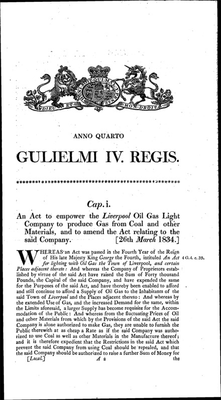 Liverpool Oil Gaslight Company Act 1834
