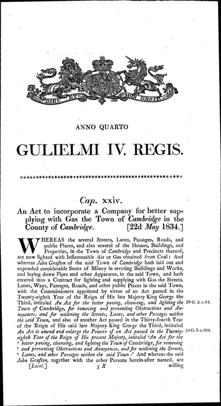 Cambridge Gas Light Company Act 1834