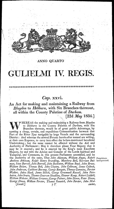 Blaydon, Gateshead and Hebburn Railway Company Act 1834