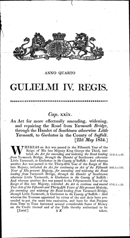 Yarmouth Bridge and Gorleston Road (Suffolk) Act 1834