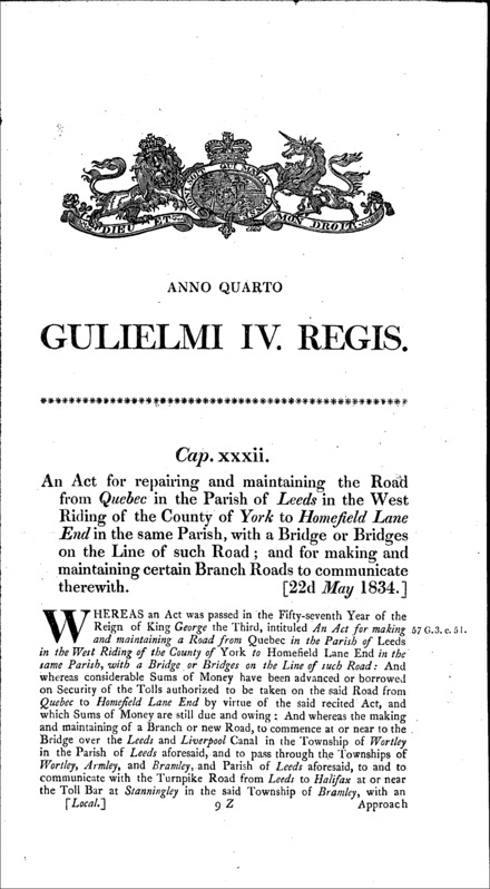 Leeds and Homefield Lane End Road Act 1834