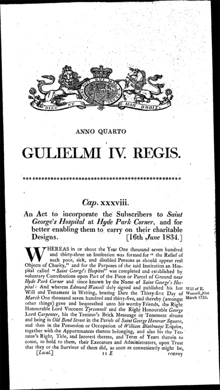 St. George's Hospital, Hyde Park Corner Act 1834