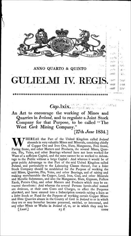 West Cork Mining Company Act 1834