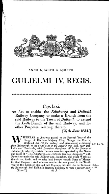 Edinburgh and Dalkeith Railway (Dalkeith and Leith Branches) Act 1834