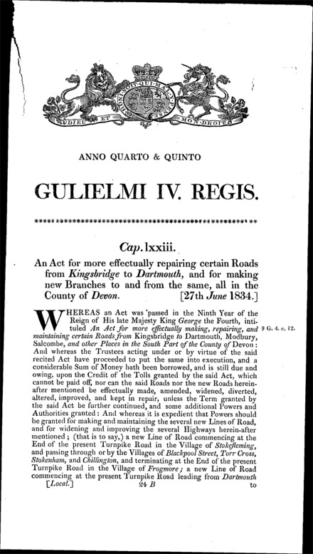 Roads from Kingsbridge to Dartmouth Act 1834