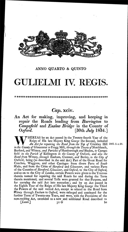 Barrington and Campsfield and Enslow Bridge Roads (Oxfordshire) Act 1834