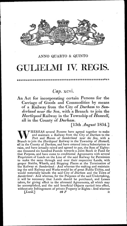 Durham and Sunderland Railway Act 1834