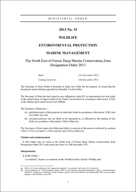 The North East of Farnes Deep Marine Conservation Zone Designation Order 2013