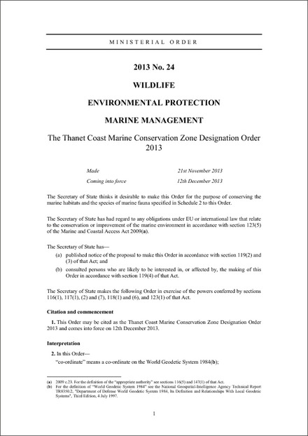 The Thanet Coast Marine Conservation Zone Designation Order 2013