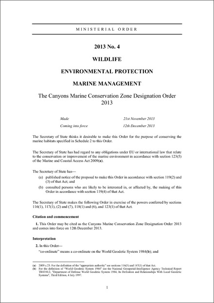 The Canyons Marine Conservation Zone Designation Order 2013