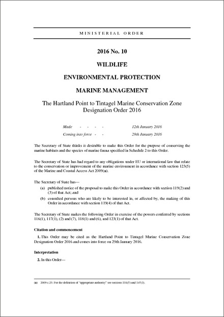 The Hartland Point to Tintagel Marine Conservation Zone Designation Order 2016
