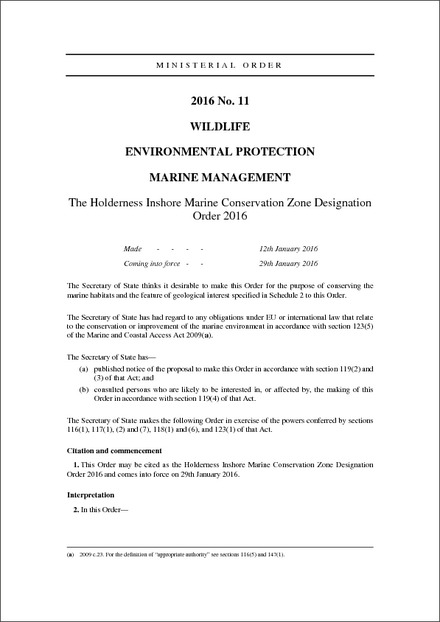 The Holderness Inshore Marine Conservation Zone Designation Order 2016